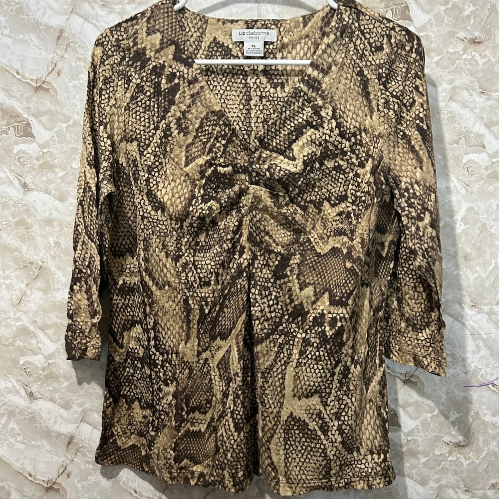 Liz Claiborne Snakeskin Print Top Twist Front 3/4‎ Sleeve Petite Large